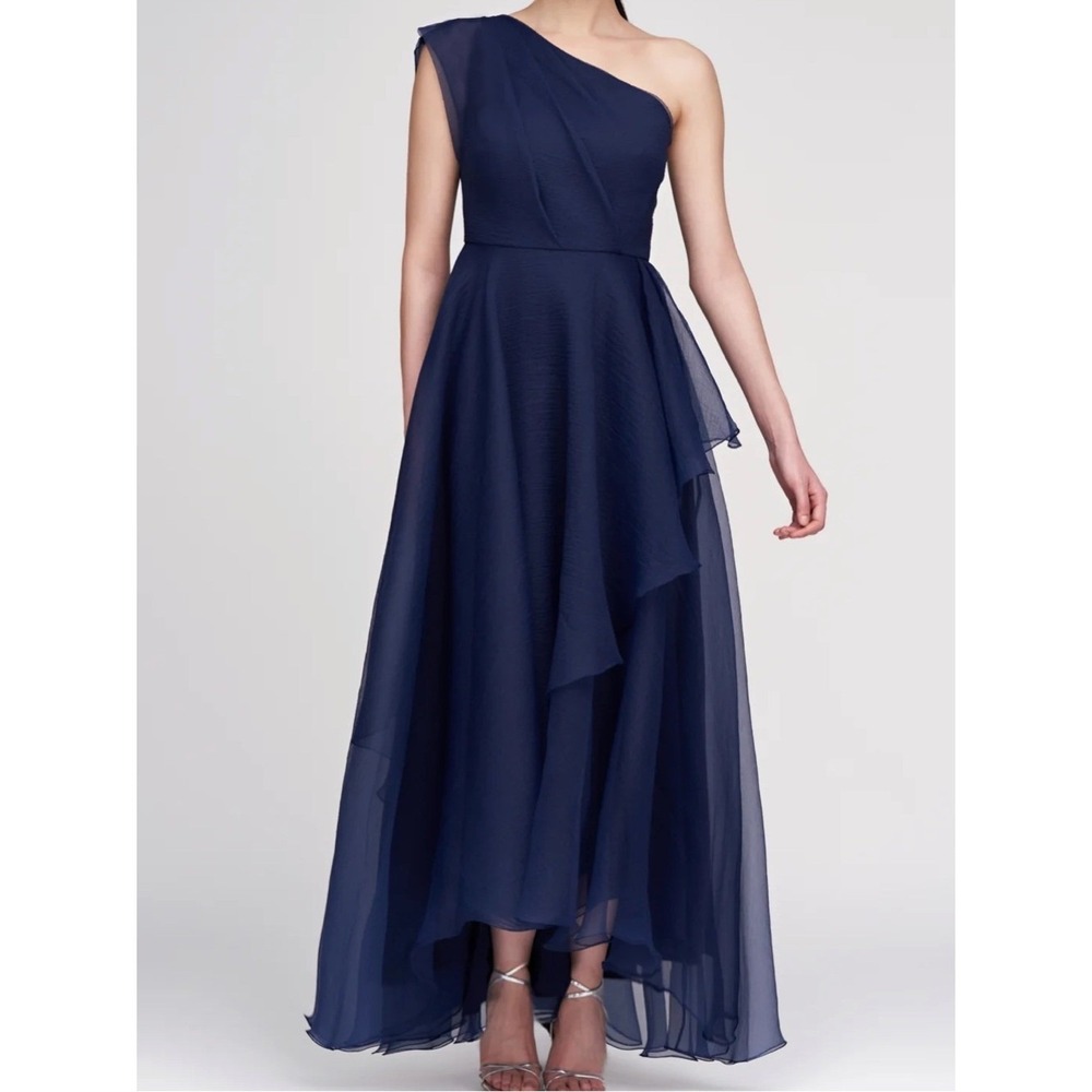 Theia Savannah One Shoulder High Low Chiffon Gown Navy Size 4 NWT $795